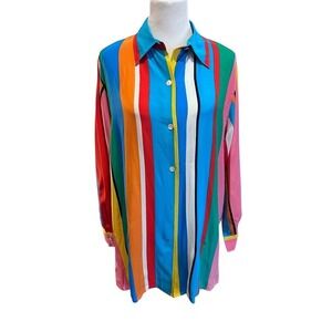 Vintage Colorful Vertical Stripe Button Down Shirt Oversized Rainbow Tunic 1X